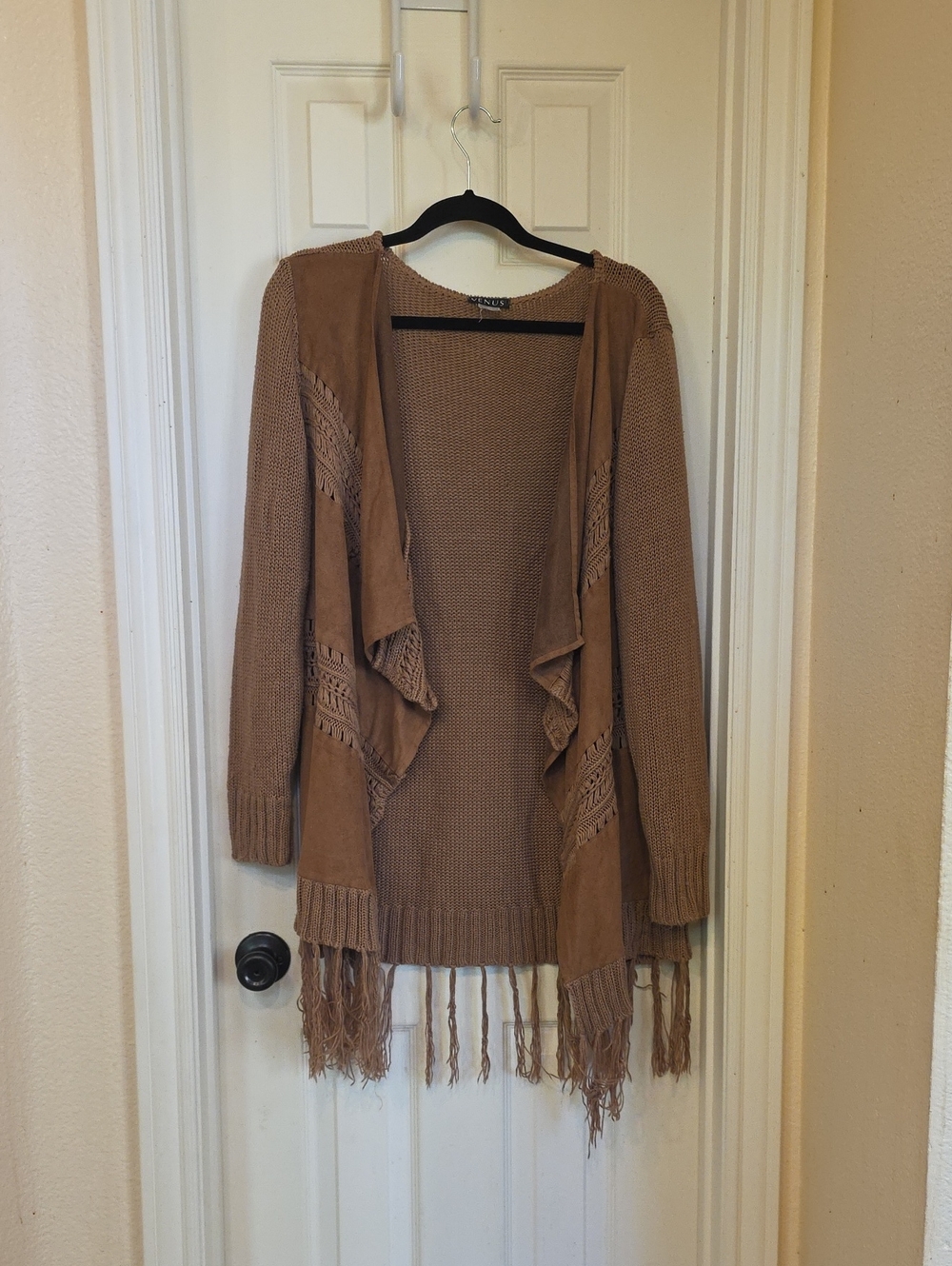 VENUS Tan Fringe Open-Front Crochet Cardigan